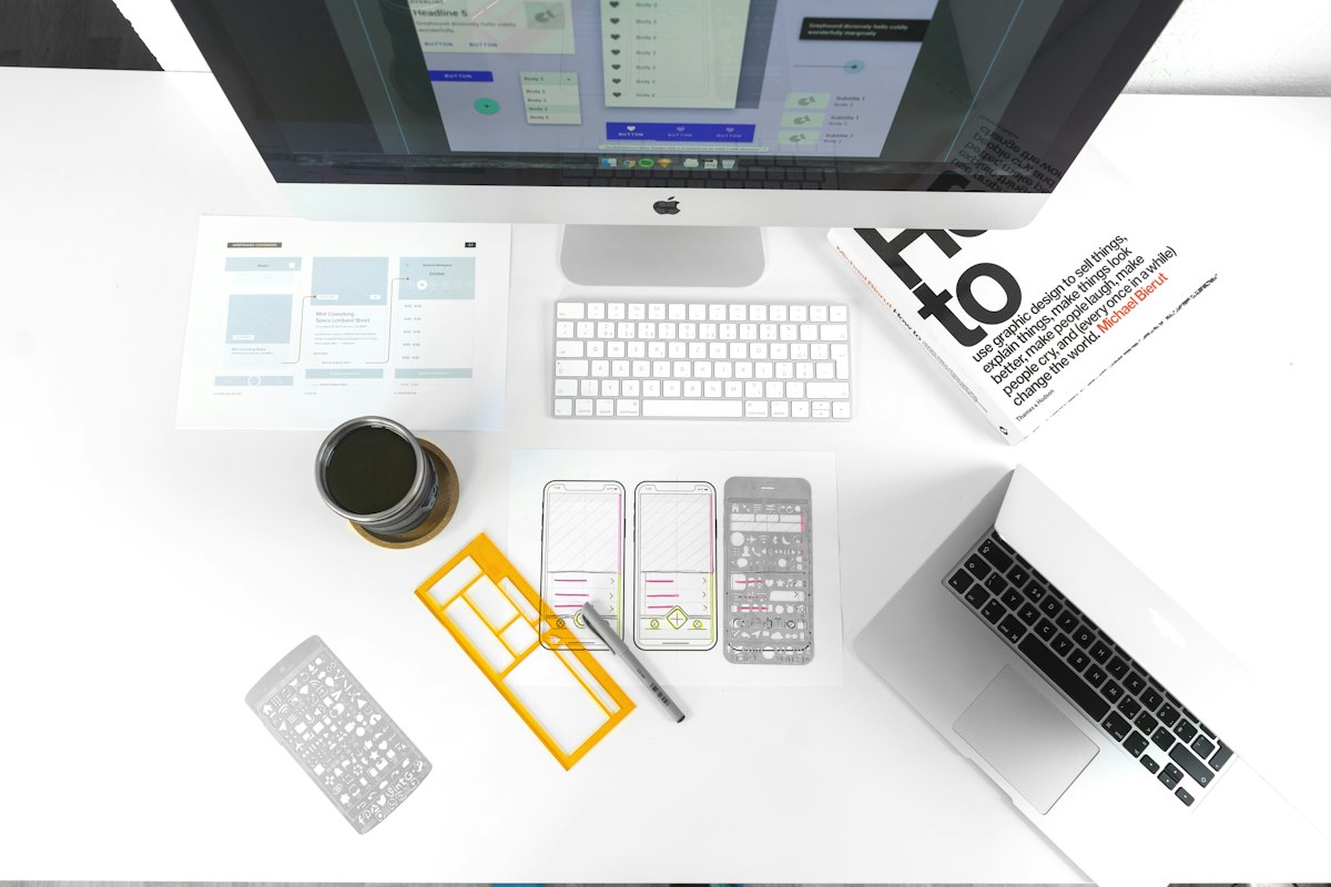 Designer workspace flat lay